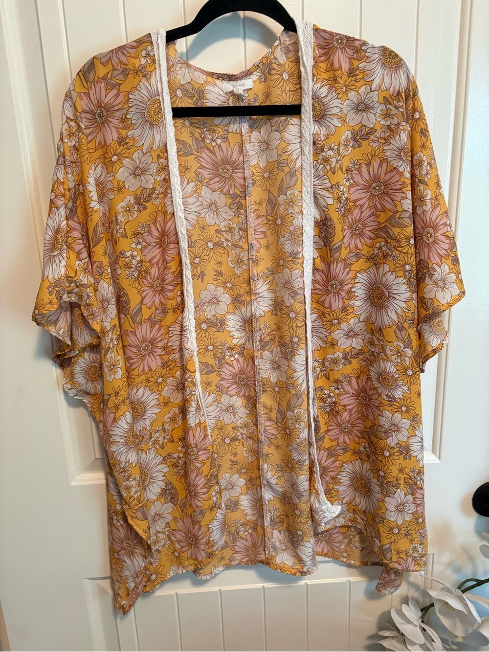 Maurices Mustard Yellow Retro Floral Lace Trim Open Front Kimono XL